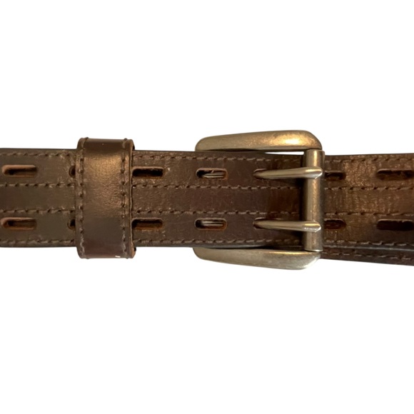 VTG 70s Brown Leather Belt Double Prong Silver Roller Buckle Adjustable Hippie - Picture 11 of 12